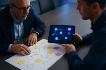 Equipo revisando un mapa de trabajo durante una auditoría de procesos para detectar tareas manuales y opciones de automatización
