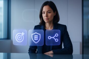 Directivos revisando criterios para evaluar IA conversacional en una reunión con métricas y datos de negocio