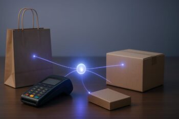 Ilustración de IA en sectores aplicada a retail, banca y logística con procesos, datos y métricas de negocio